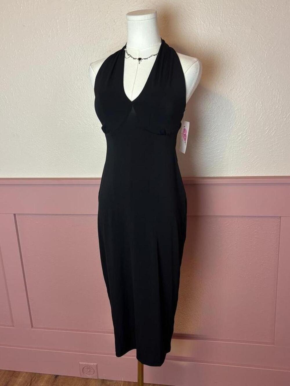 Betsey Johnson black halter midi dress nwt sz cs grunge goth witchy vamp club